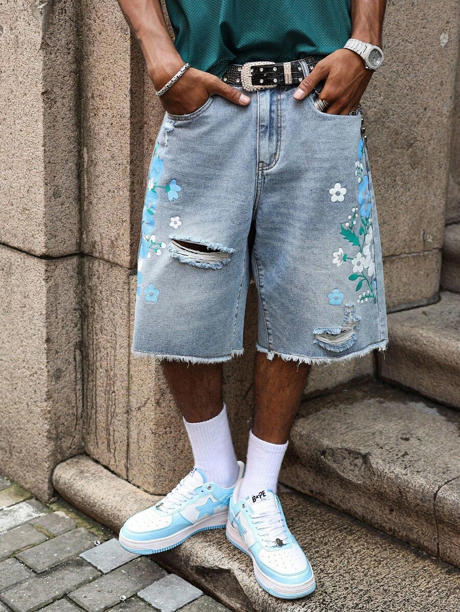 Men's Light Wash Ripped Denim Bermuda Shorts With Floral Retro Design