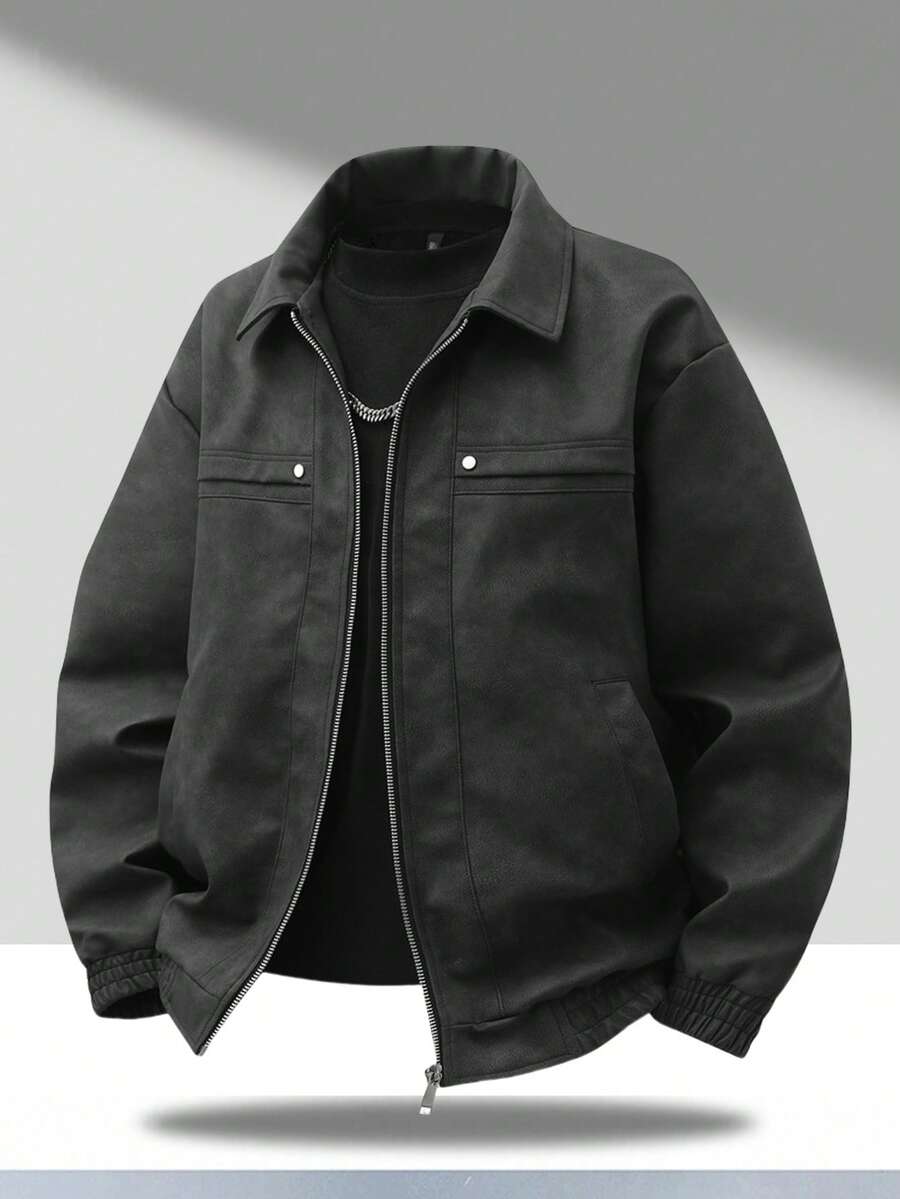 Men's Vintage Worn Full Zipper Lapel Leather Jacket