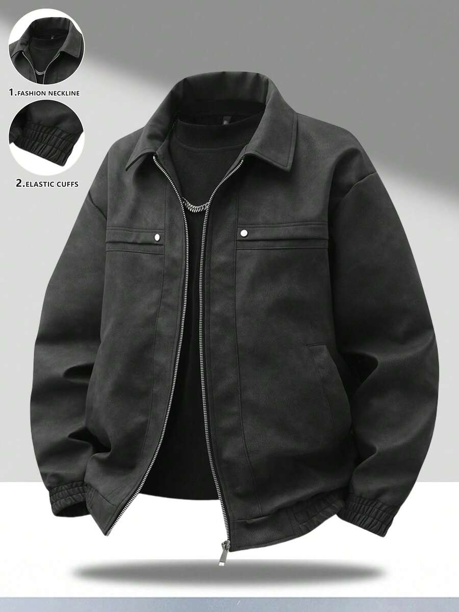 Men's Vintage Worn Full Zipper Lapel Leather Jacket