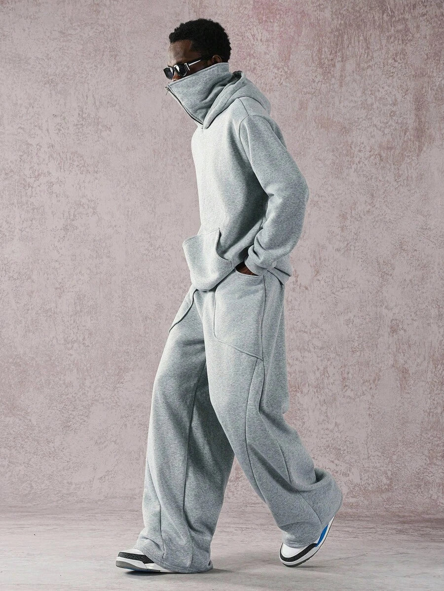 Men’s Casual Loose Fit Letter Print Drawstring Hoodie And Wide Leg Pocket Pants Suit Set