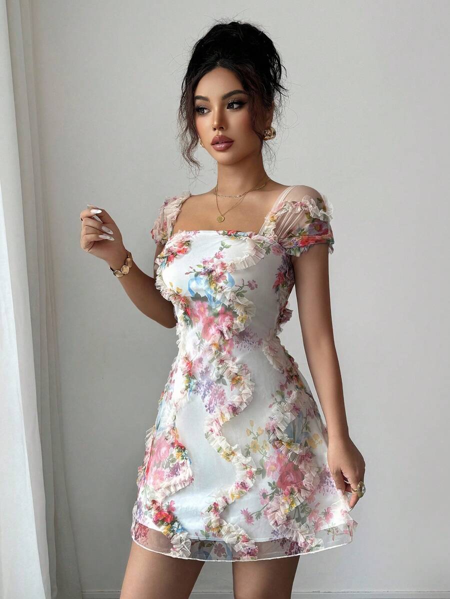 Retro Ditsy Floral Mesh Frill Hem Form-Fitting Slip Dress