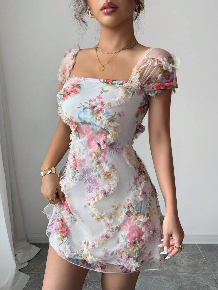 Retro Ditsy Floral Mesh Frill Hem Form-Fitting Slip Dress