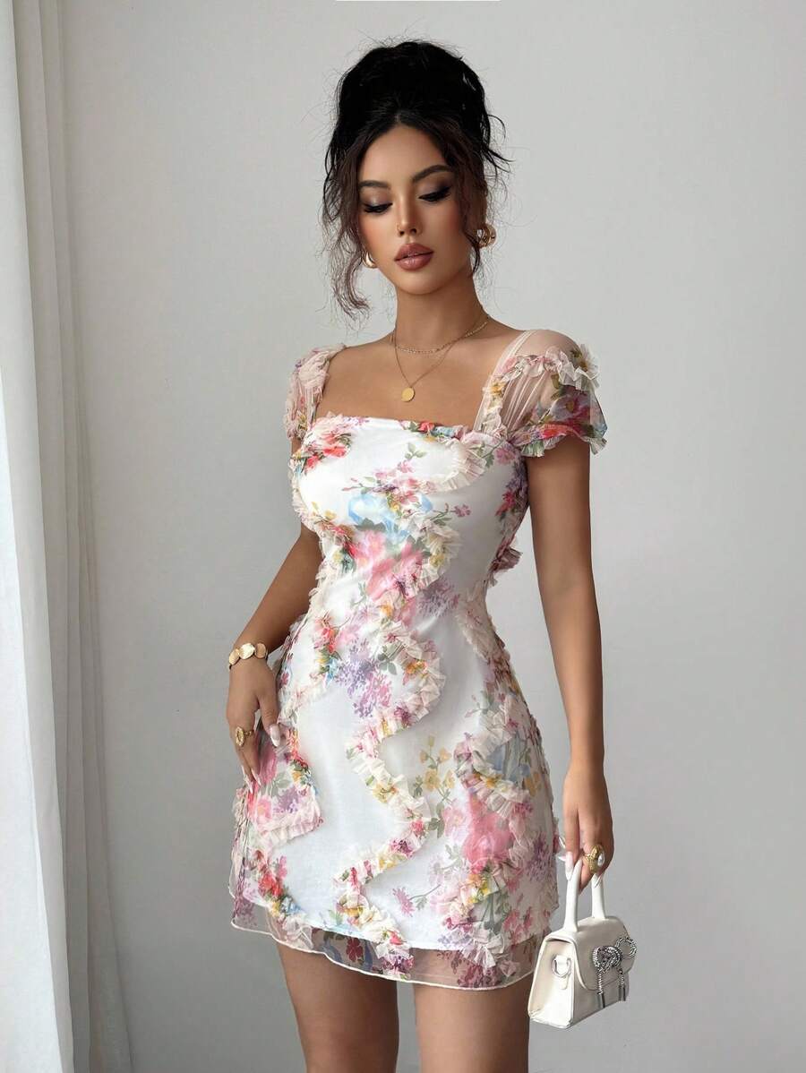 Retro Ditsy Floral Mesh Frill Hem Form-Fitting Slip Dress