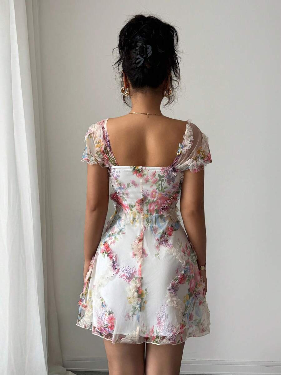 Retro Ditsy Floral Mesh Frill Hem Form-Fitting Slip Dress