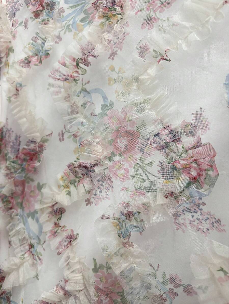 Retro Ditsy Floral Mesh Frill Hem Form-Fitting Slip Dress