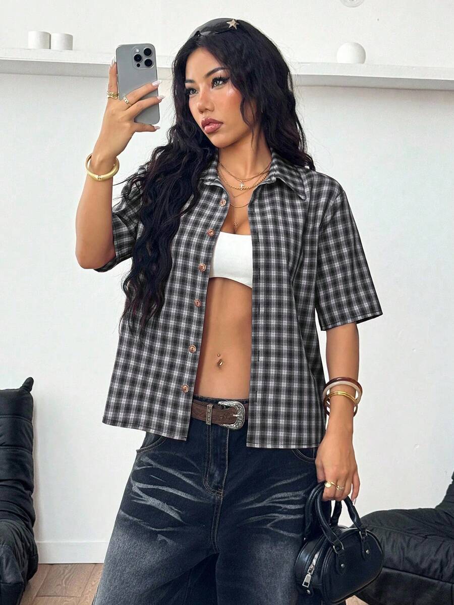 Women Crooped Zip Pocket Short Sleeve Shirt