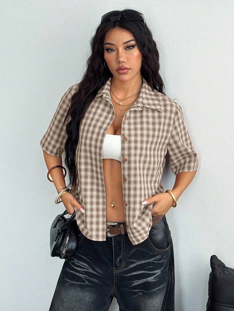 Women Crooped Zip Pocket Short Sleeve Shirt