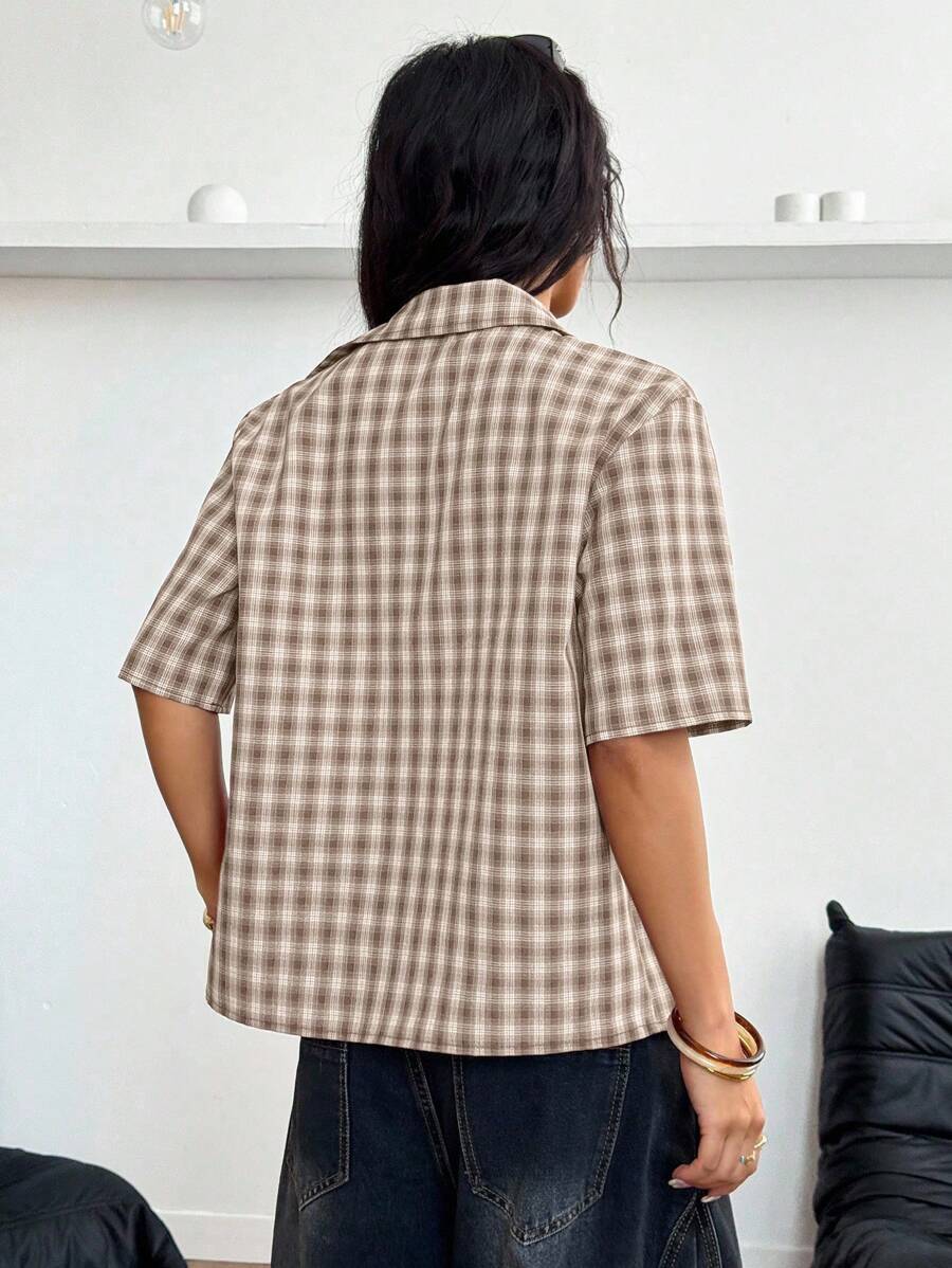 Women Crooped Zip Pocket Short Sleeve Shirt