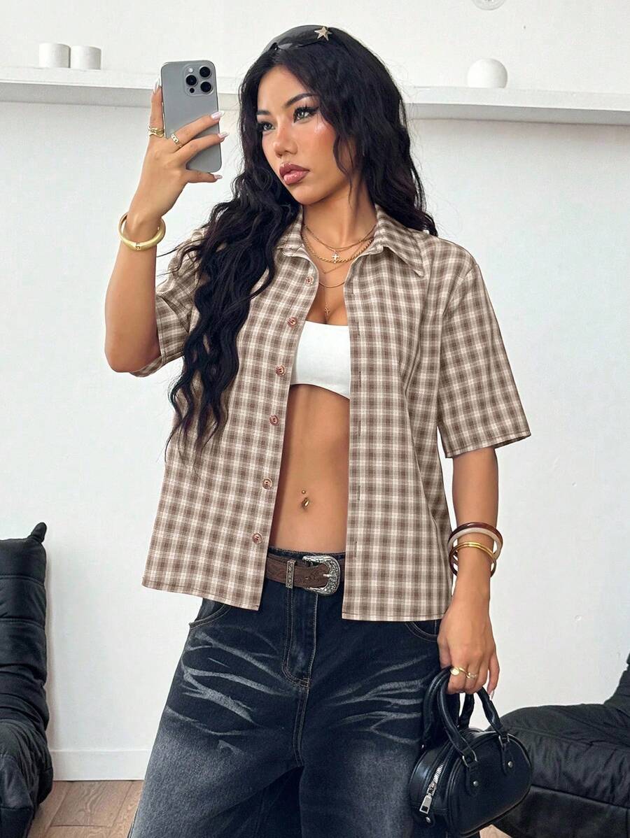 Women Crooped Zip Pocket Short Sleeve Shirt