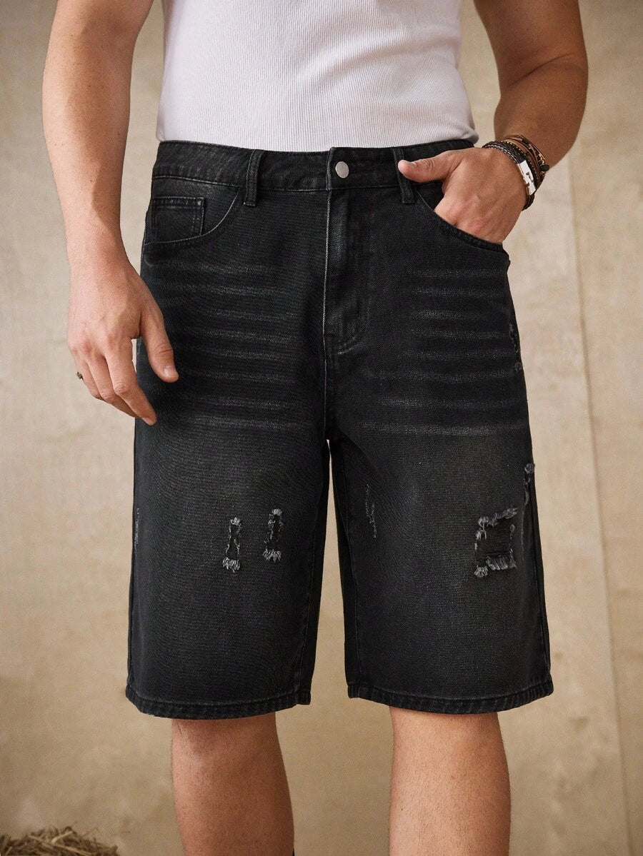 Men's Faded Light Blue Washed Loose Fit Vintage Casual Denim Jorts