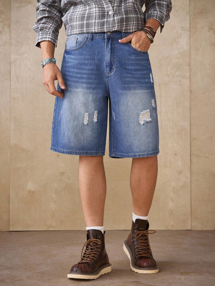 Men's Faded Light Blue Washed Loose Fit Vintage Casual Denim Jorts