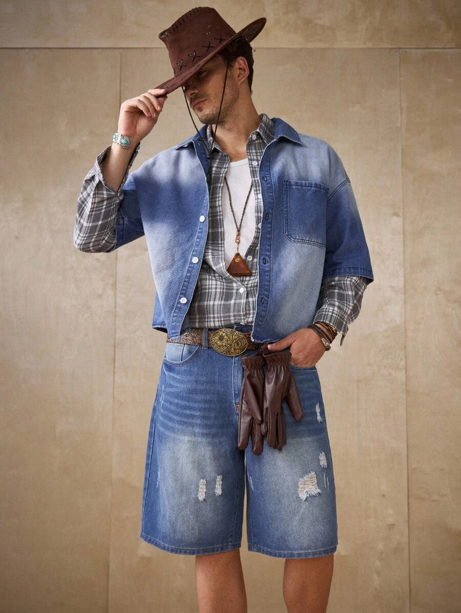 Men's Faded Light Blue Washed Loose Fit Vintage Casual Denim Jorts