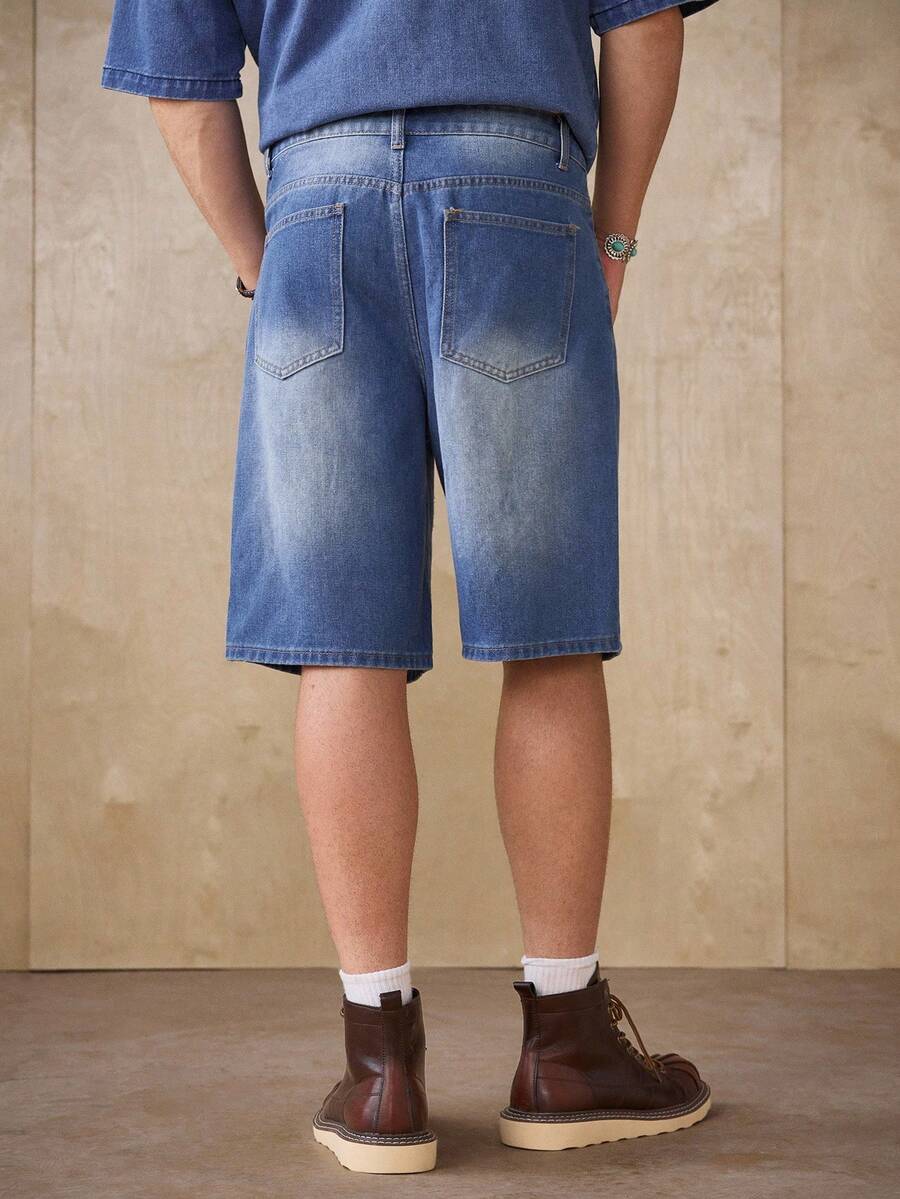 Men's Faded Light Blue Washed Loose Fit Vintage Casual Denim Jorts