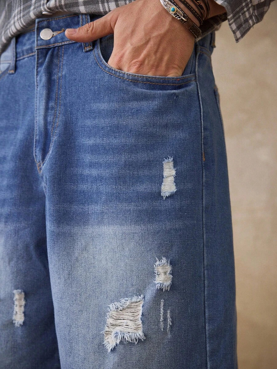 Men's Faded Light Blue Washed Loose Fit Vintage Casual Denim Jorts