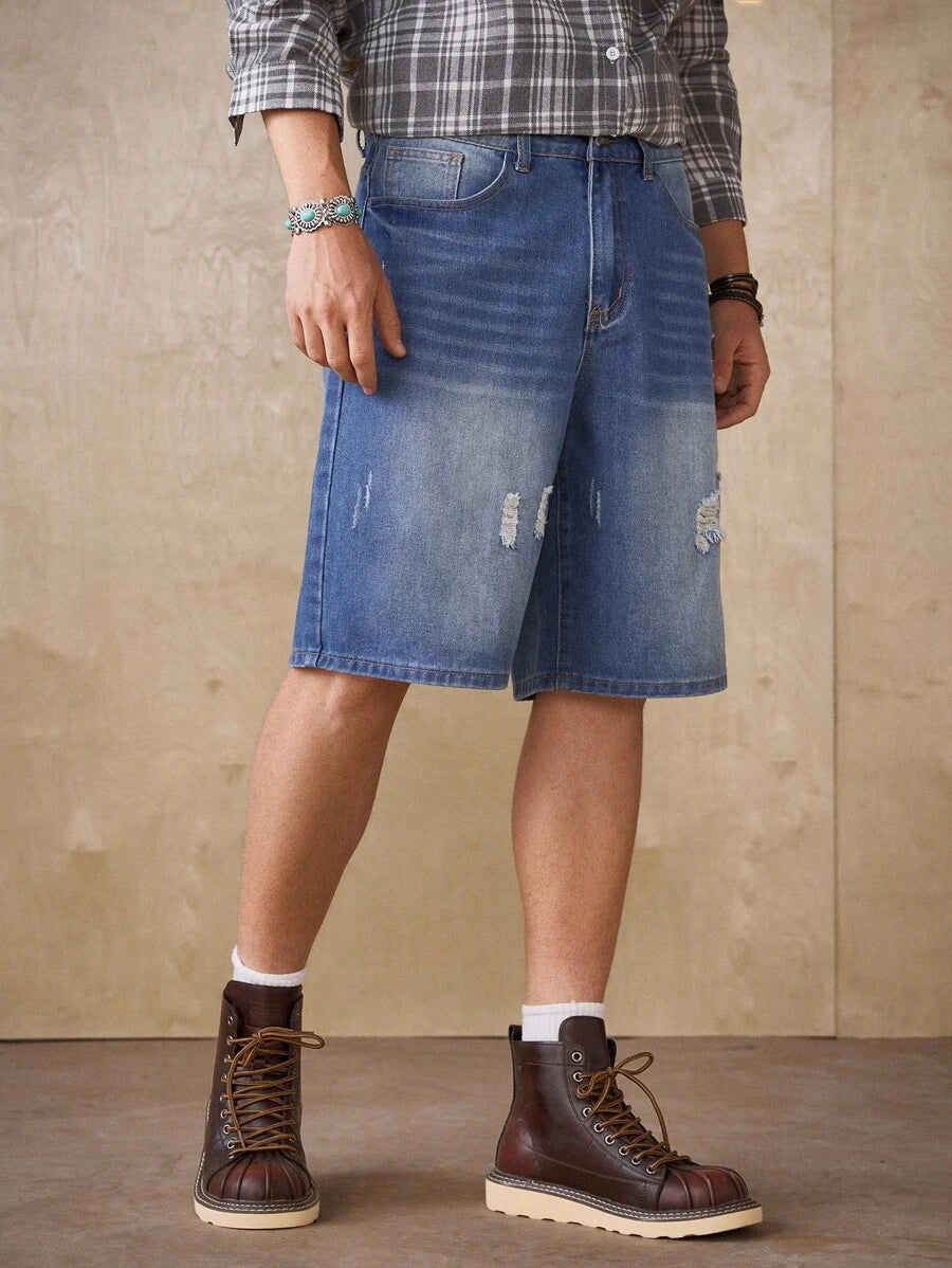 Men's Faded Light Blue Washed Loose Fit Vintage Casual Denim Jorts