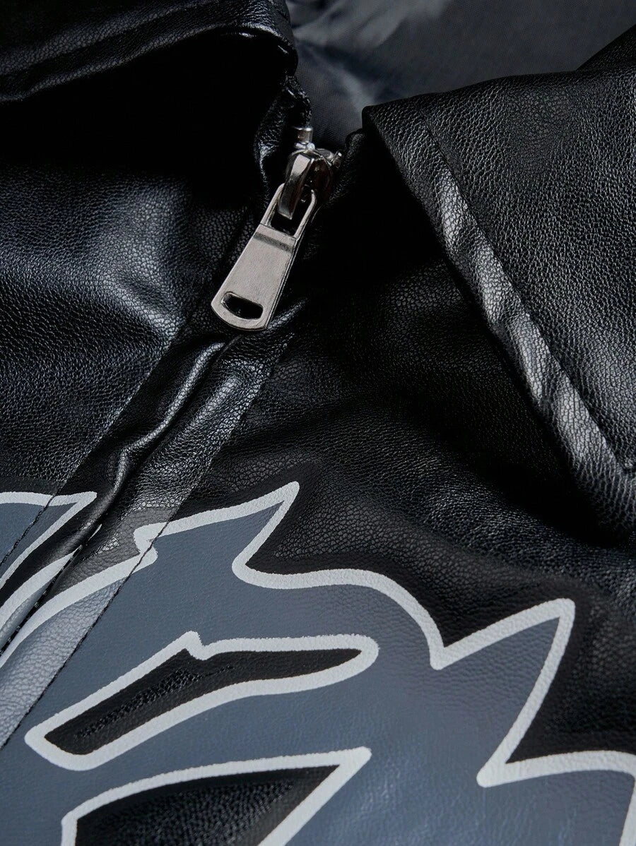 Men's Casual Street Style Letter Graphic PU Leather Jacket
