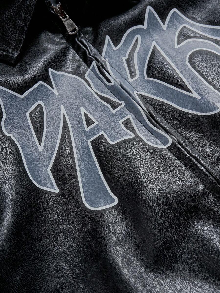 Men's Casual Street Style Letter Graphic PU Leather Jacket