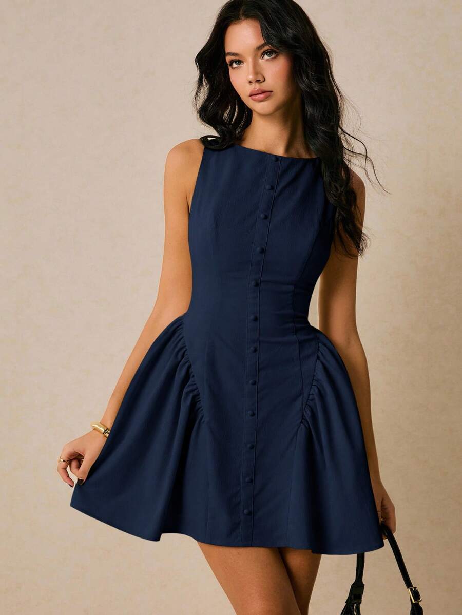 Women Sleeveless Solid Color Mini Dress