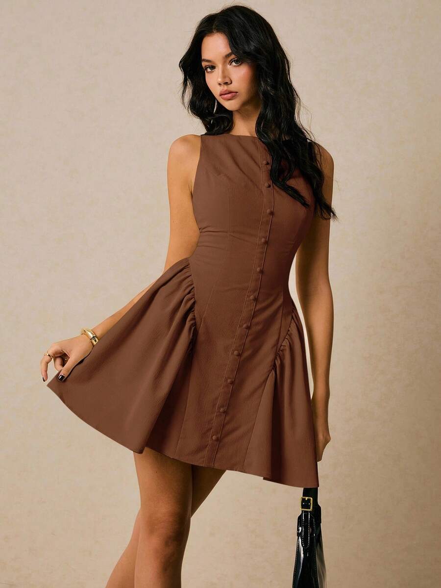 Women Sleeveless Solid Color Mini Dress