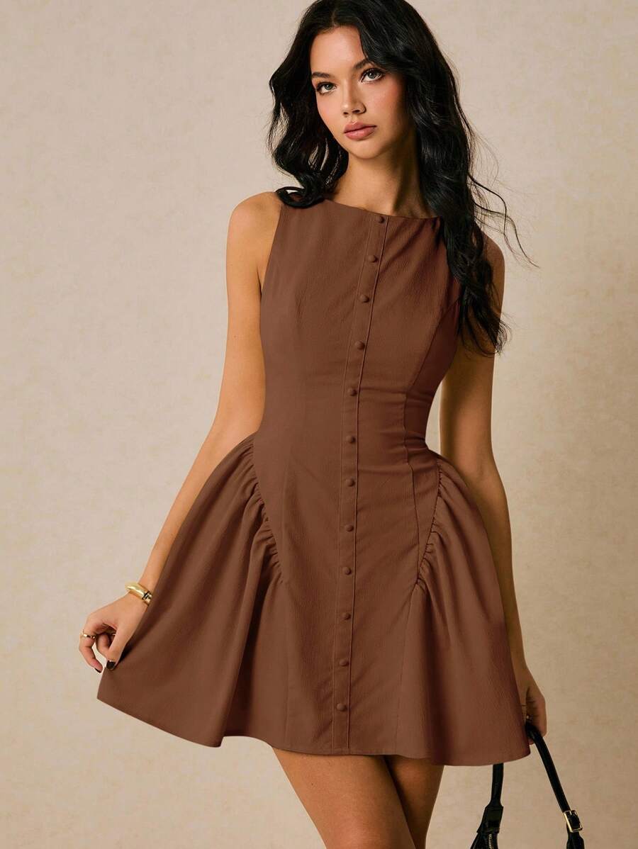 Women Sleeveless Solid Color Mini Dress