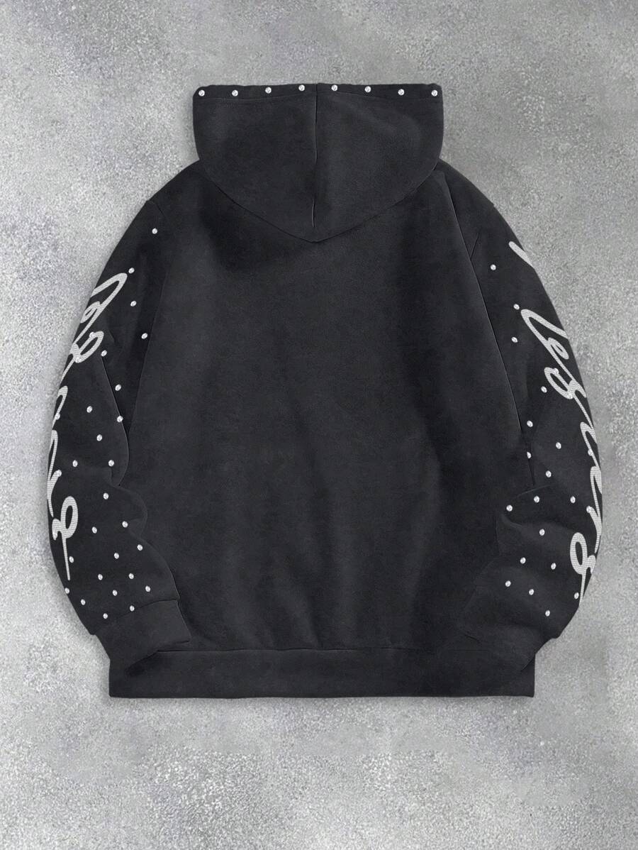 Men's Rhinestone Embellished Figure Print Zip Front Drawstring Hoodie Sweatshirt