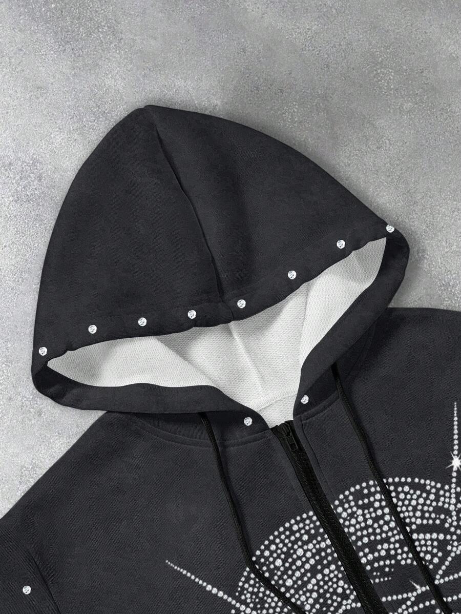 Men's Rhinestone Embellished Figure Print Zip Front Drawstring Hoodie Sweatshirt