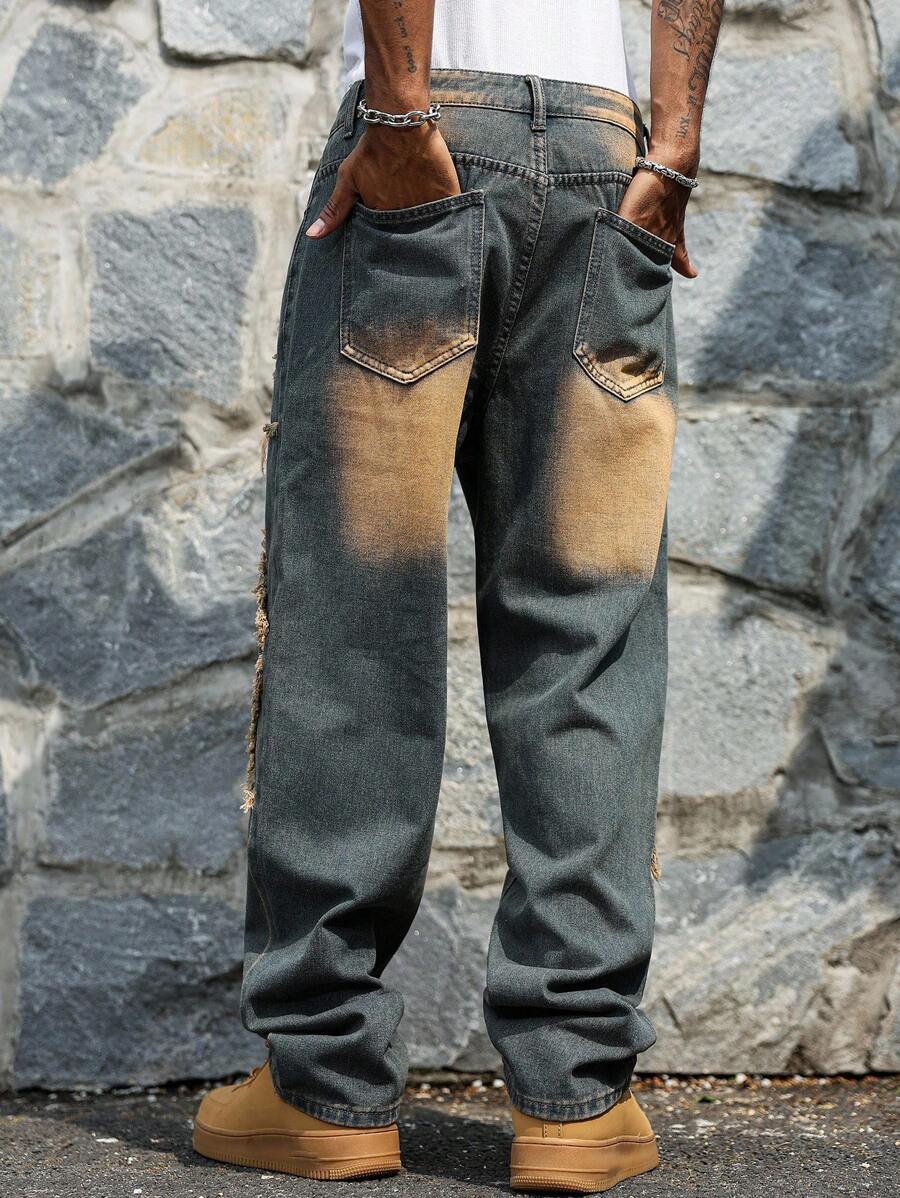 Unisex Casual Jeans With Letter & Graphic Print, American Style