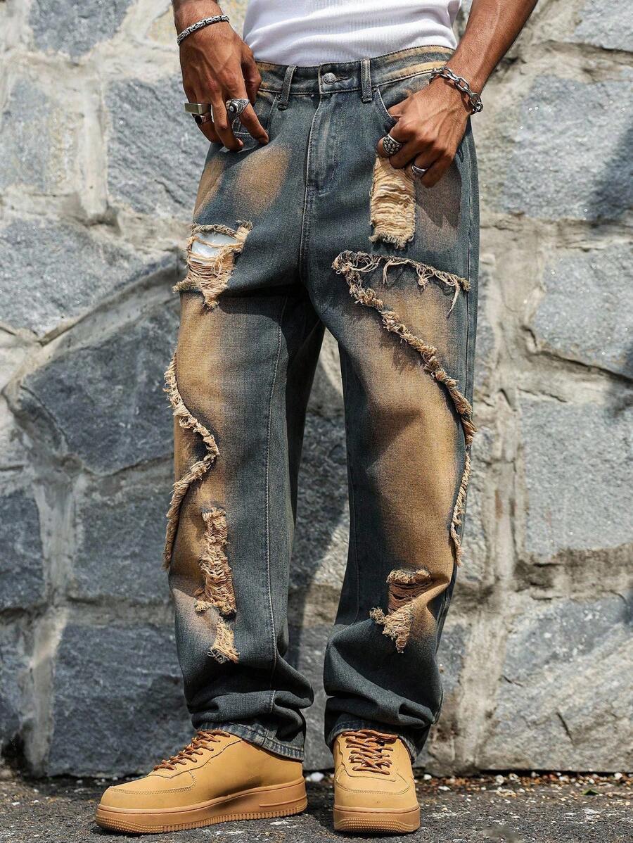 Unisex Casual Jeans With Letter & Graphic Print, American Style