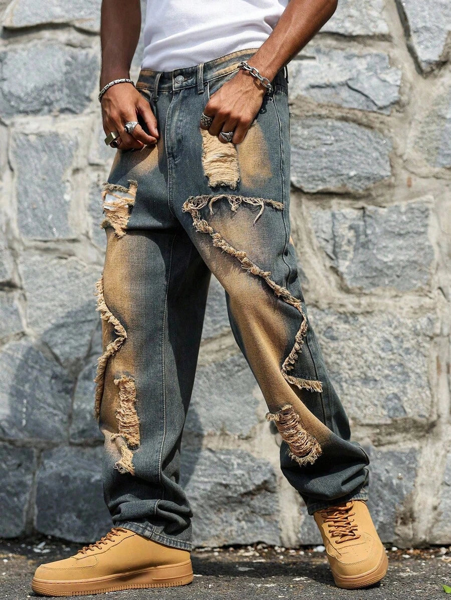Unisex Casual Jeans With Letter & Graphic Print, American Style