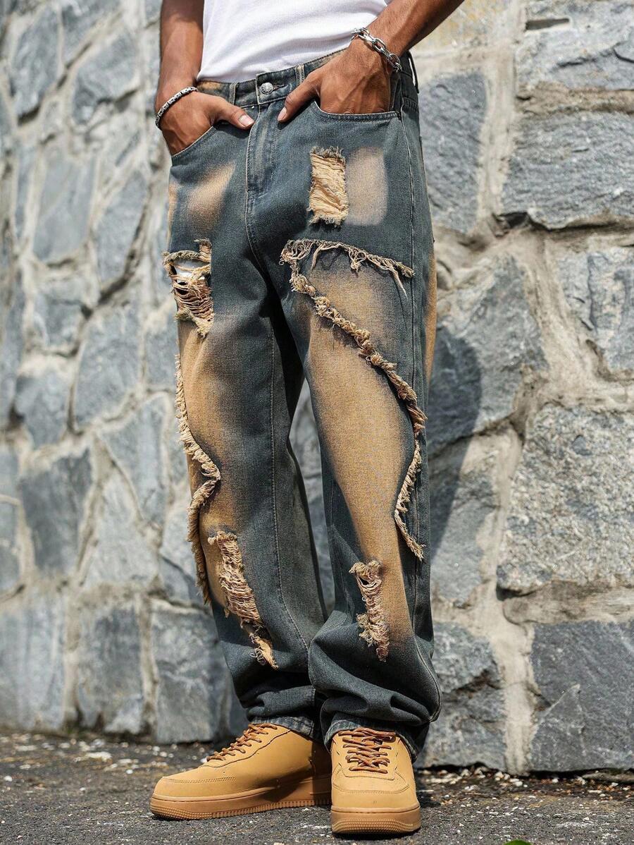 Unisex Casual Jeans With Letter & Graphic Print, American Style
