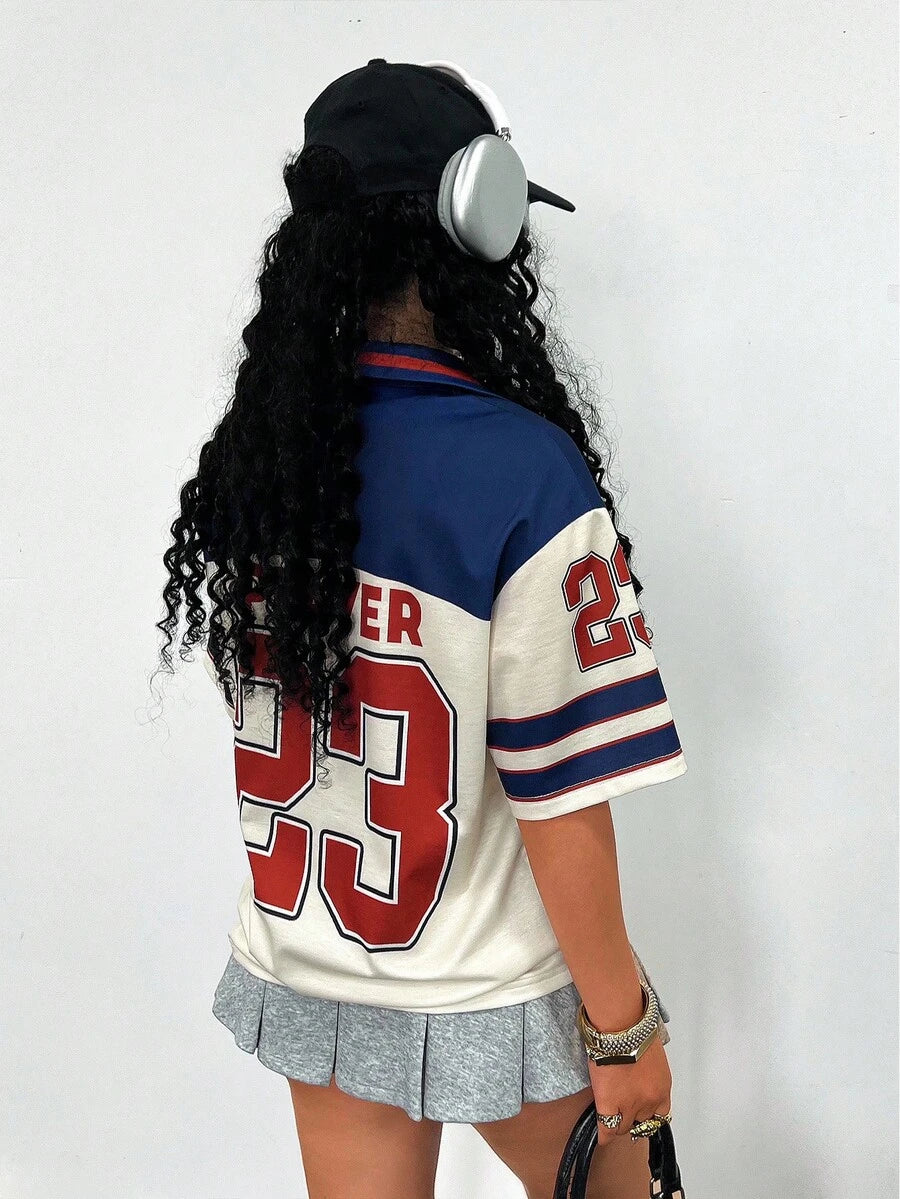 Sports Style Retro Numeric Print Short Sleeve Polo Shirt