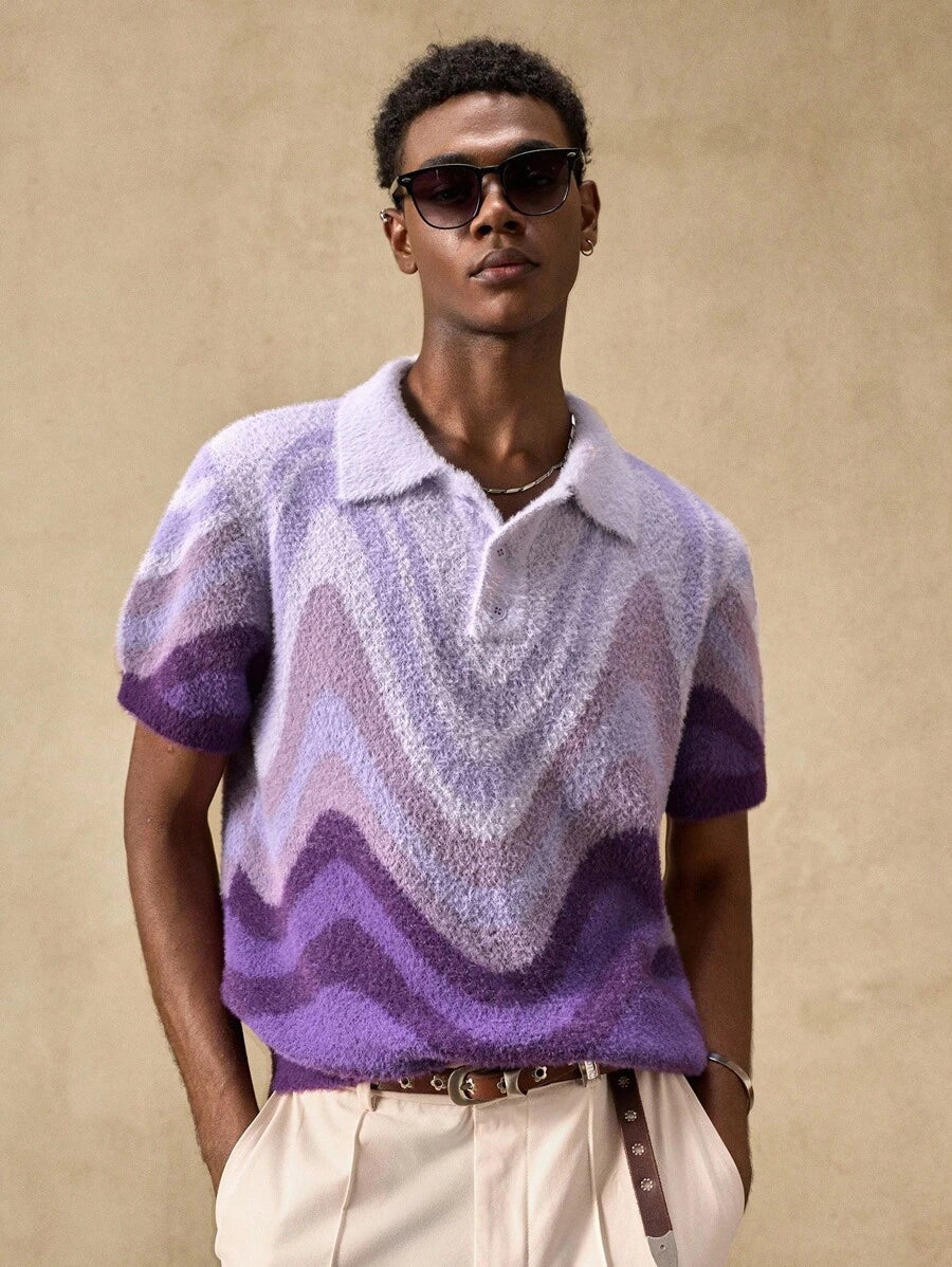 Men's Casual Loose Knit Short Sleeve Oversized Drop Shoulder Polo Sweater