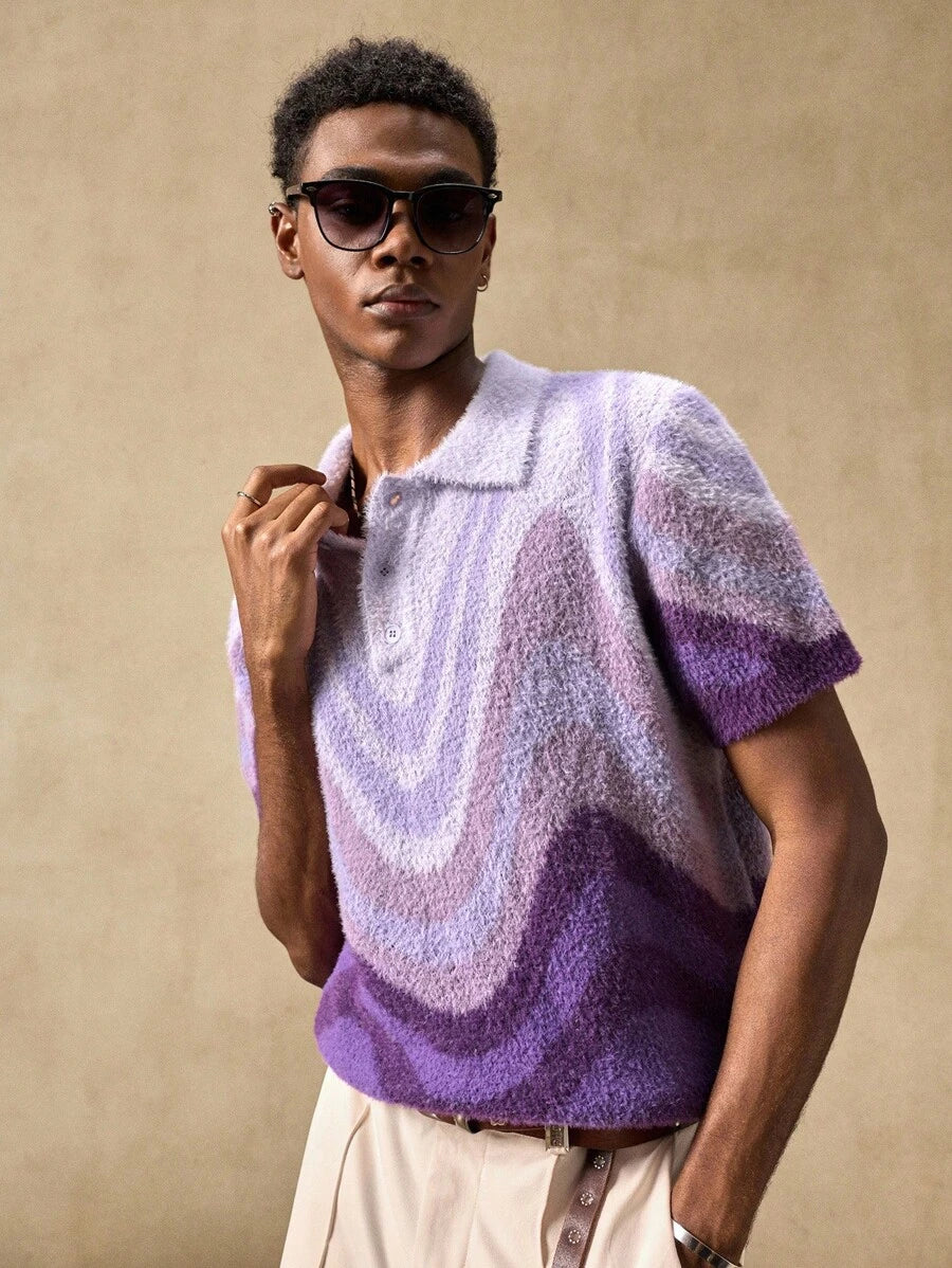 Men's Casual Loose Knit Short Sleeve Oversized Drop Shoulder Polo Sweater