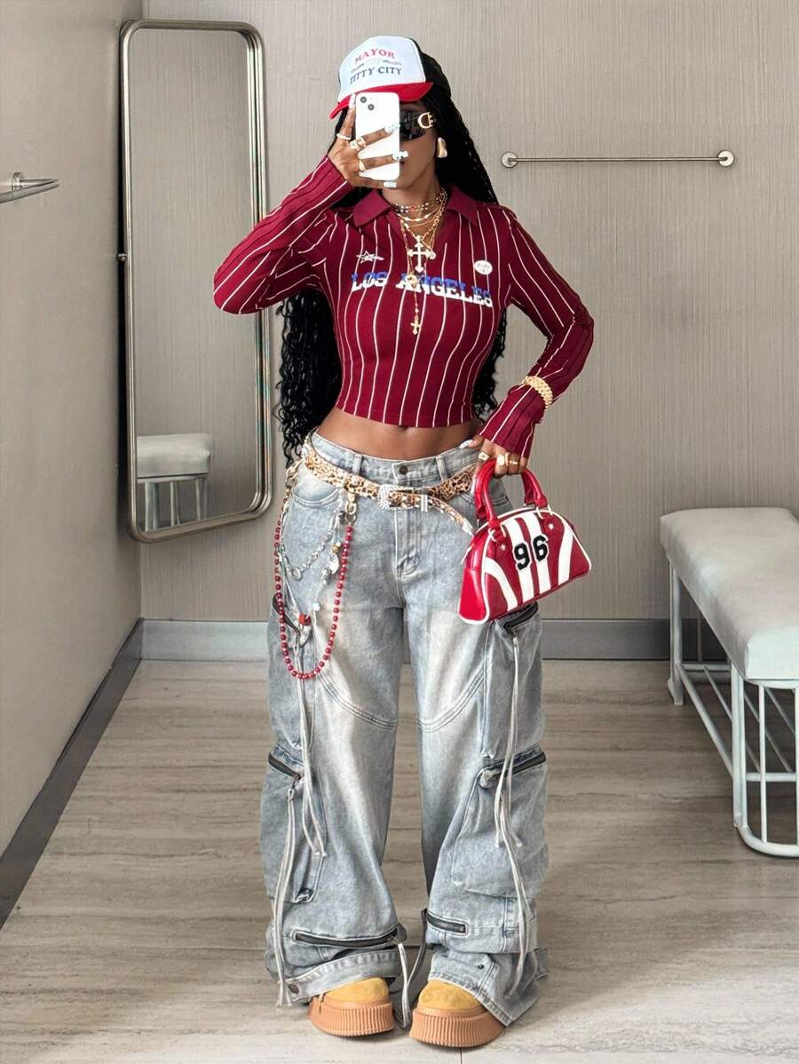 Women's Fall Concert Rave Festival Going Out Streetwear Y2K Vintage Graphics Striped Crop Top