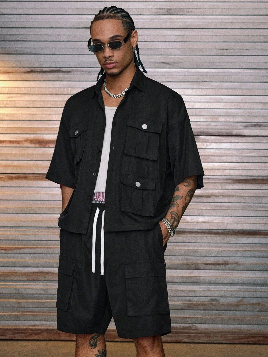 Men's Printed Polo Collar Loose Fit Short Sleeve Shirt With Tie Waist And Shorts Set