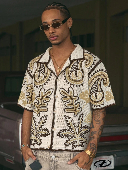 Cashew Flower Pattern Boxy Fit Polo Collar Short Sleeve Knit Top For Men
