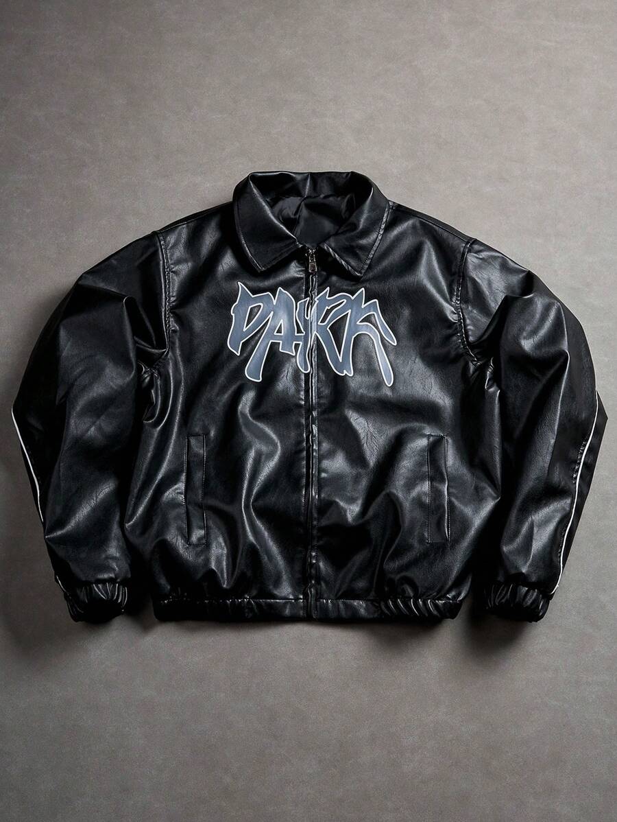Men's Casual Street Style Letter Graphic PU Leather Jacket