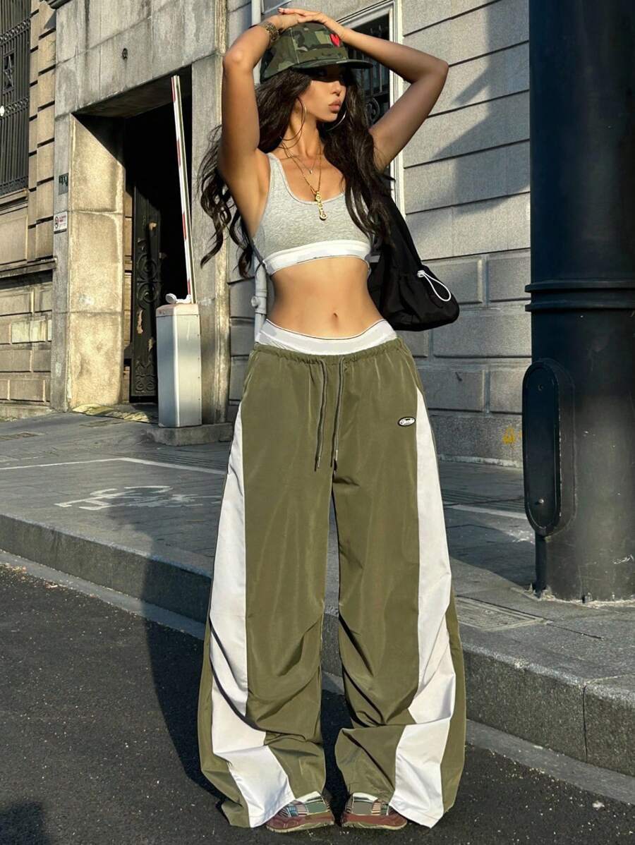 Women's Streetwear Color-Blocked Parachute Pants