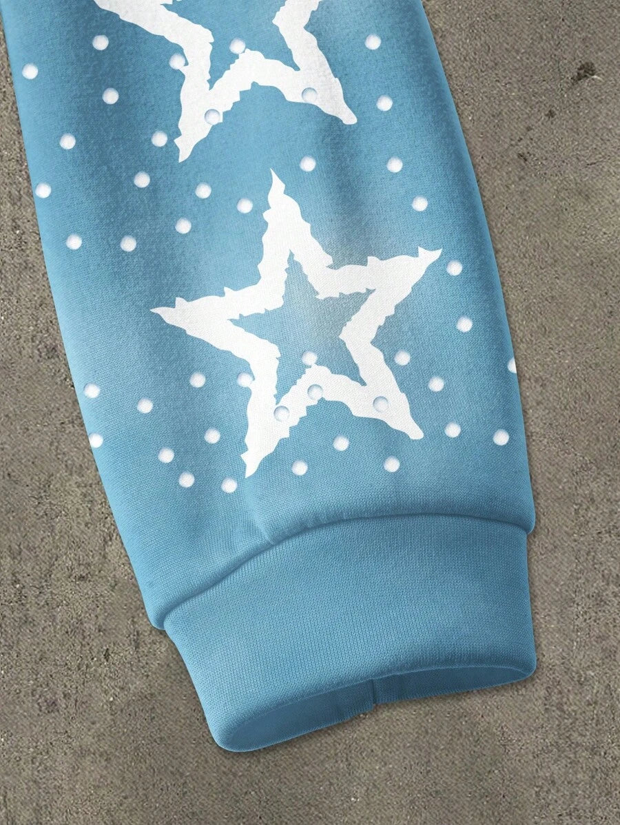 Pentagram Print Zip Front Drawstring Hoodie