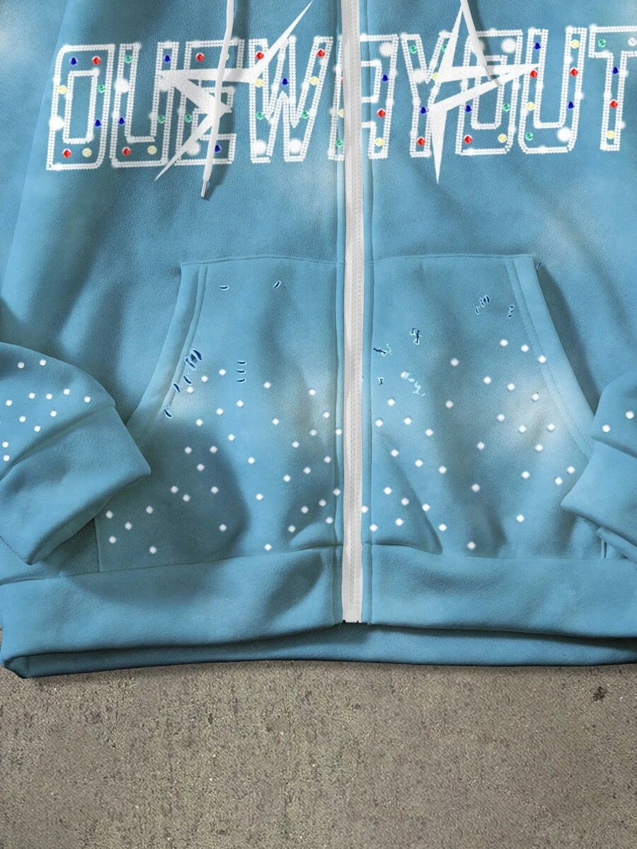 Pentagram Print Zip Front Drawstring Hoodie