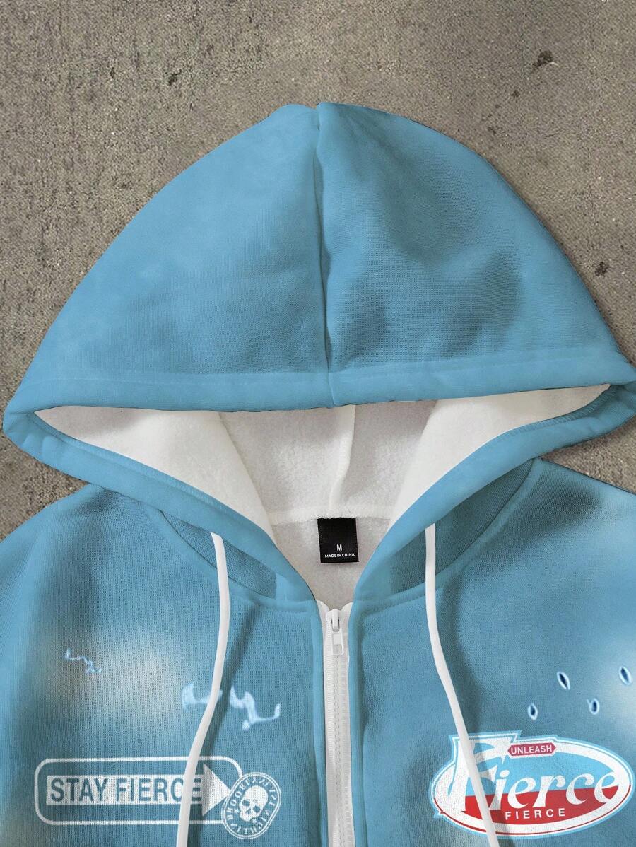 Pentagram Print Zip Front Drawstring Hoodie