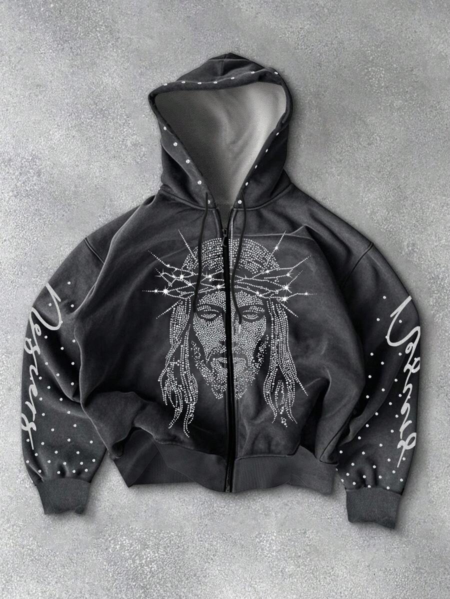 Men's Rhinestone Embellished Figure Print Zip Front Drawstring Hoodie Sweatshirt