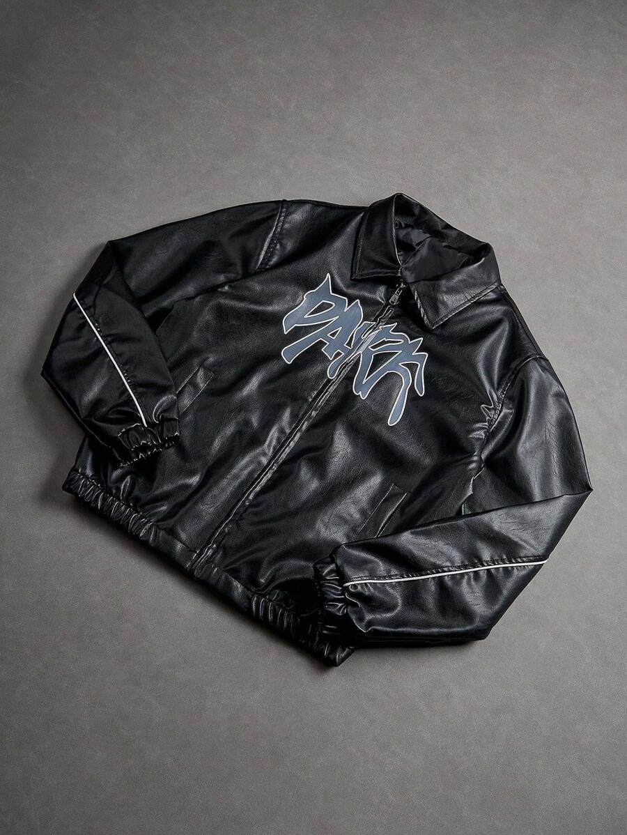 Men's Casual Street Style Letter Graphic PU Leather Jacket