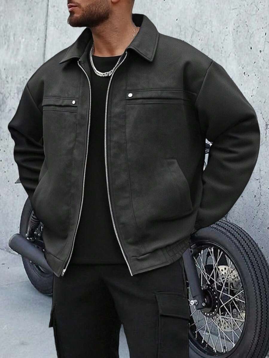 Men's Vintage Worn Full Zipper Lapel Leather Jacket