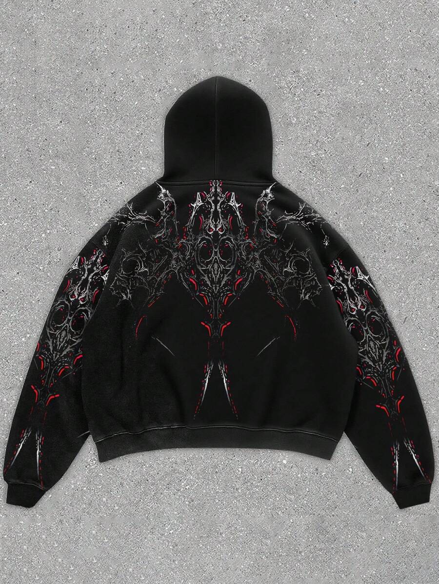 Men's Rhinestone Embellished Figure Print Zip Front Drawstring Hoodie Sweatshirt