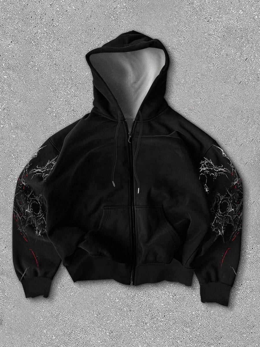 Men's Rhinestone Embellished Figure Print Zip Front Drawstring Hoodie Sweatshirt