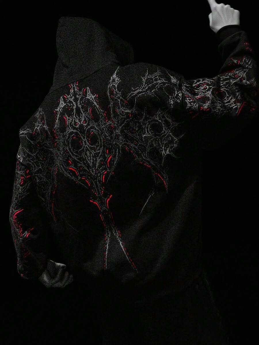 Men's Rhinestone Embellished Figure Print Zip Front Drawstring Hoodie Sweatshirt
