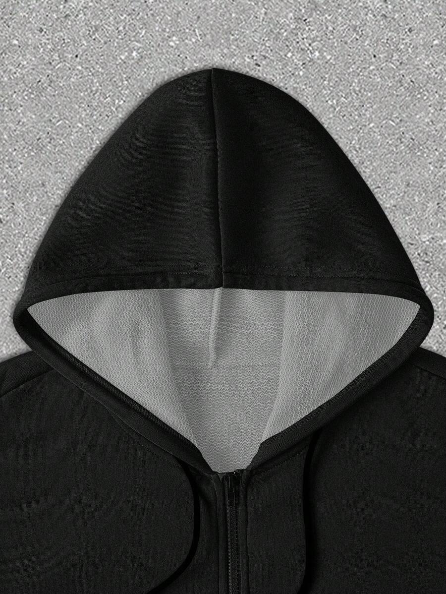 Men's Rhinestone Embellished Figure Print Zip Front Drawstring Hoodie Sweatshirt