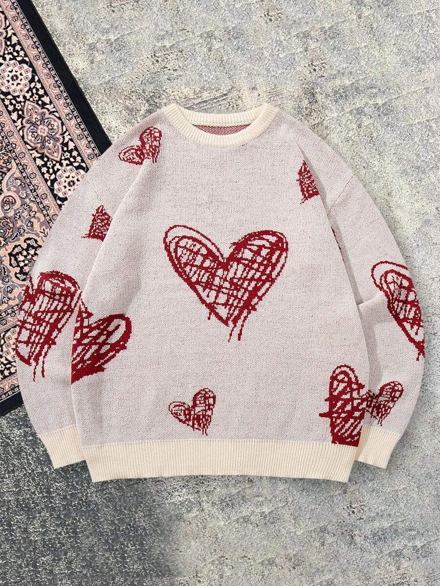 Men's Casual Crew Neck Heart Pattern Knit Sweater