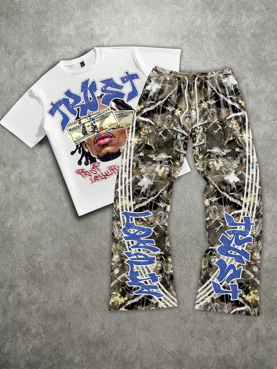 Camo Portrait Print T-Shirt Pants Set